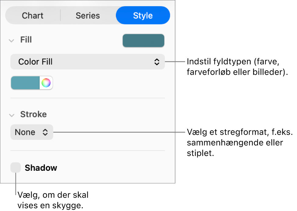 Betjeningsmuligheder til ændring af udseendet på dataserier.