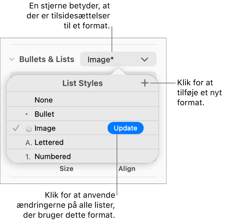 Lokalmenuen Listeformater med en stjerne, der viser en tilsidesættelse, en billedforklaring til knappen Nyt format og en undermenu med muligheder til styring af formater.