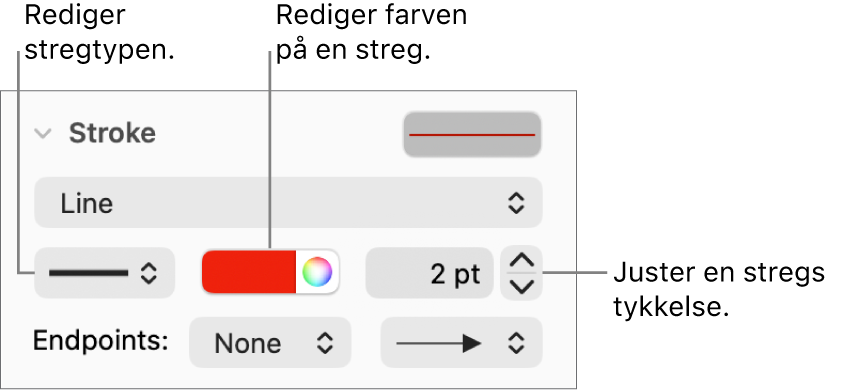 Betjeningsmulighederne til indstilling af slutpunkter, tykkelse og farve til streger.