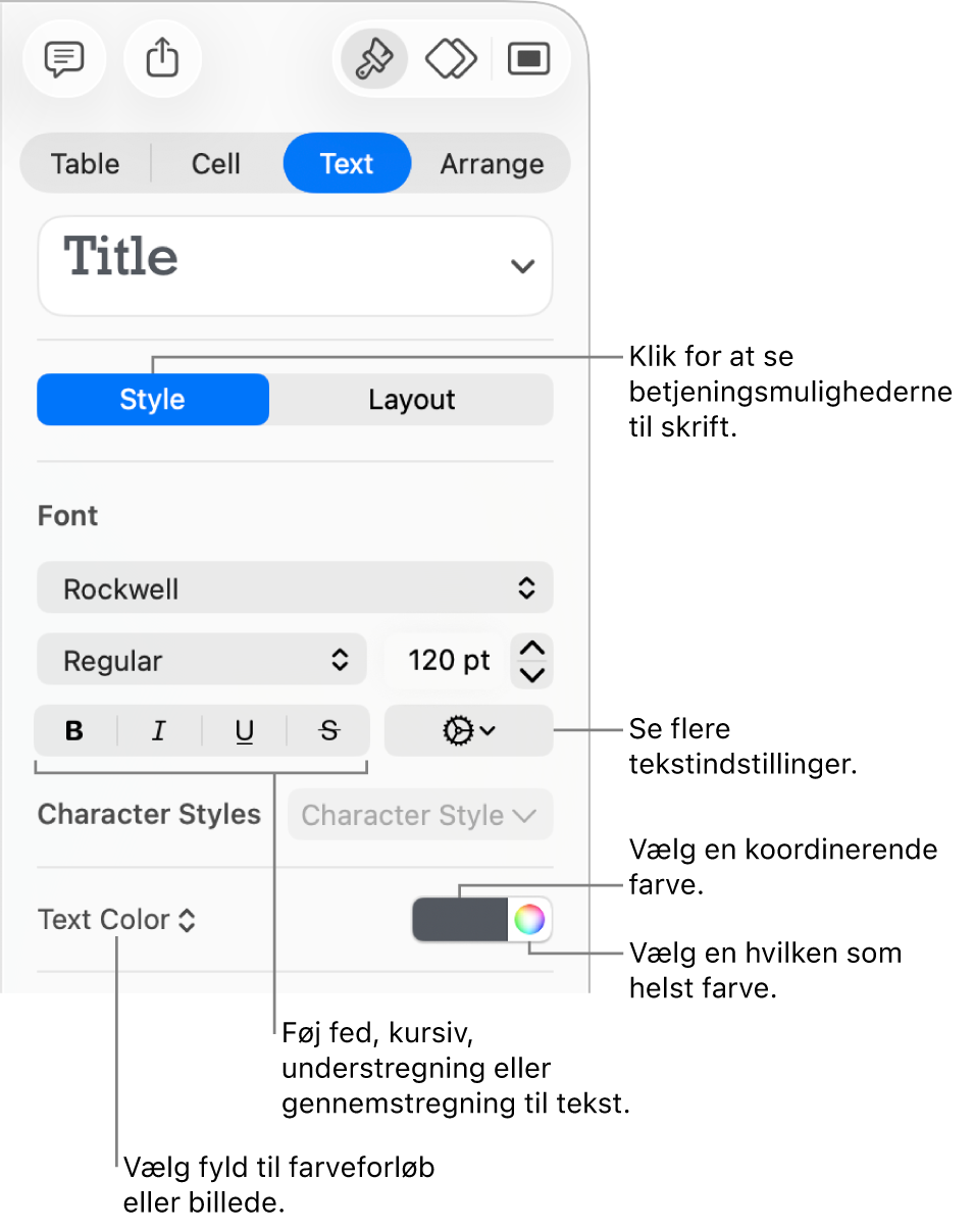 Betjeningsmulighederne til formatering af tabeltekst.