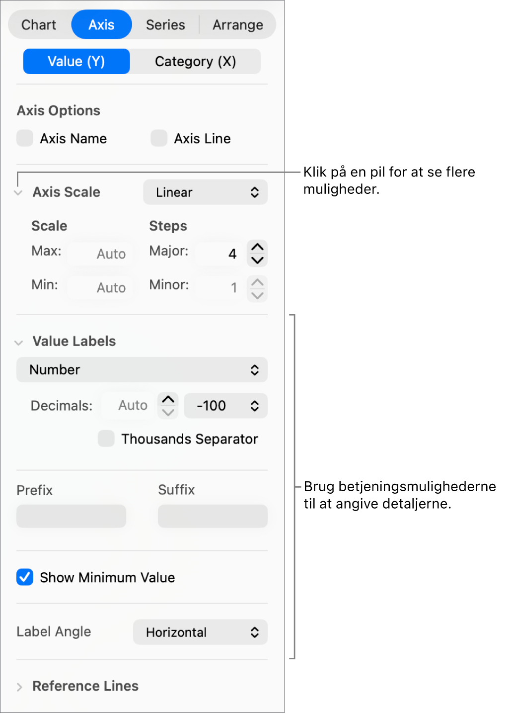 Betjeningsmuligheder til formatering af aksemærker i diagrammer.