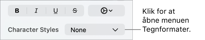 Lokalmenuen Tegnformater under betjeningsmulighederne til ændring af tekstens format og farve.