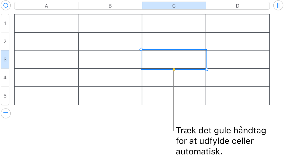 En valgt celle med et gult håndtag, som du kan trække for at udfylde celler automatisk.