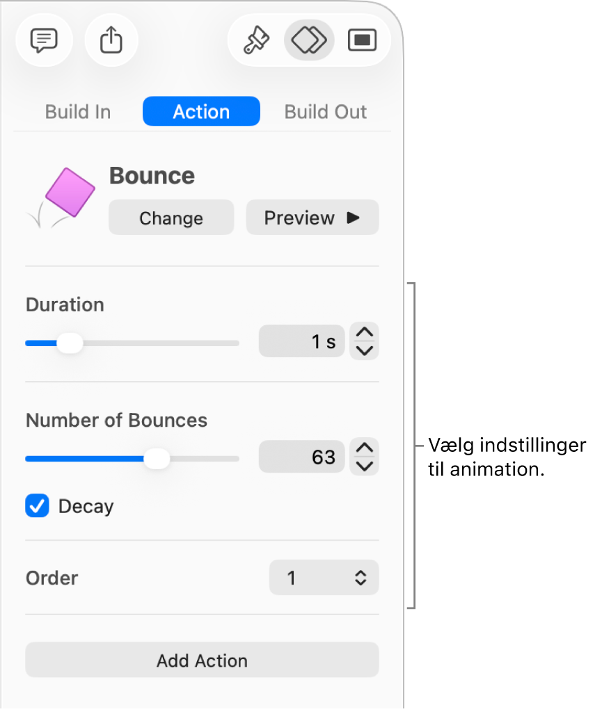 Betjeningsmuligheder til Handling under Animer i indholdsoversigten.