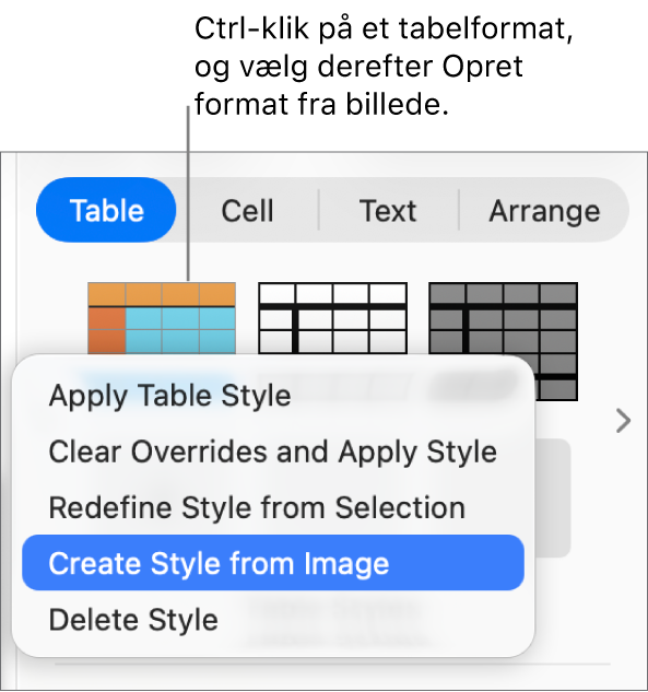 Genvejsmenuen til tabelformater.