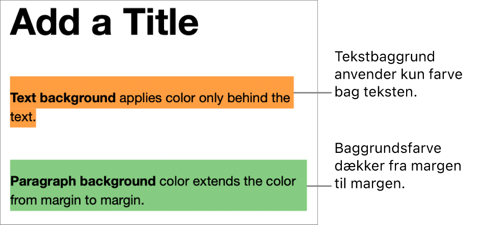 Et afsnit, hvor der kun er farve bag teksten, og et andet afsnit med farve, som strækker sig fra margen til margen i en blok.