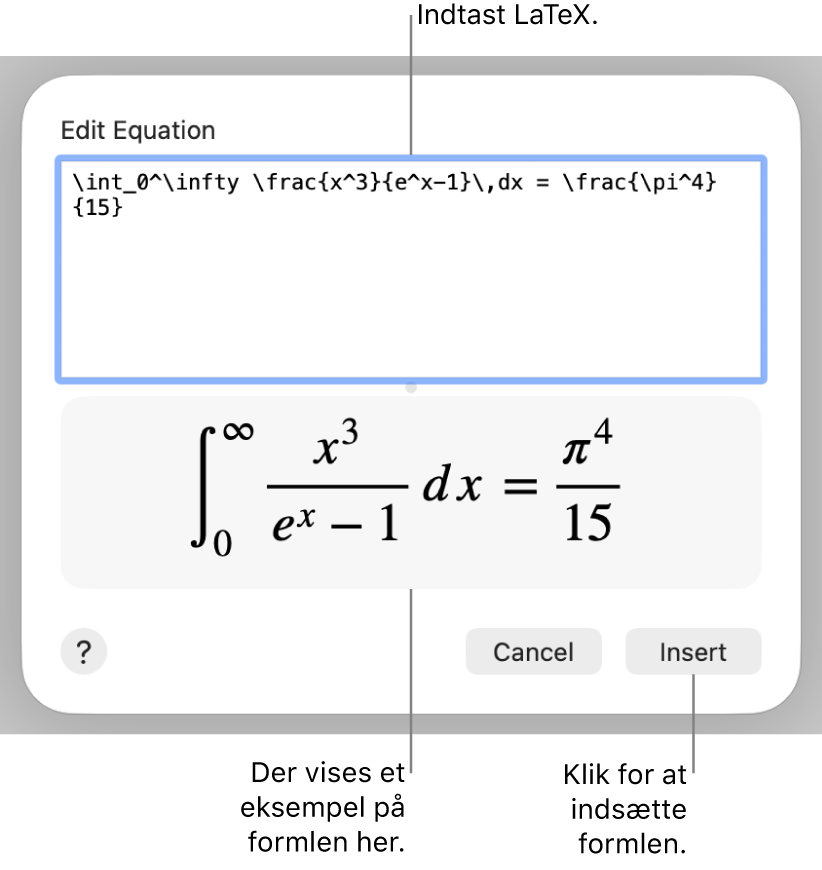 Den kvadratiske formel skrevet ved hjælp af LaTeX i feltet Ligning og et eksempel på formlen derunder.
