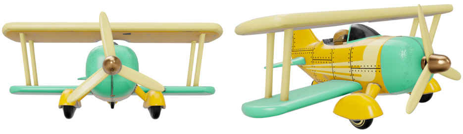 En 3D-model af et fly, der vises fra to vinkler.