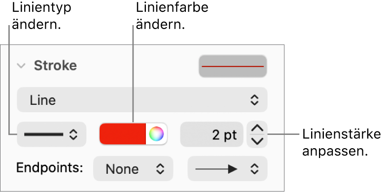 Steuerelemente zum Festlegen der Endpunkte, der Linienstärke und der Farbe