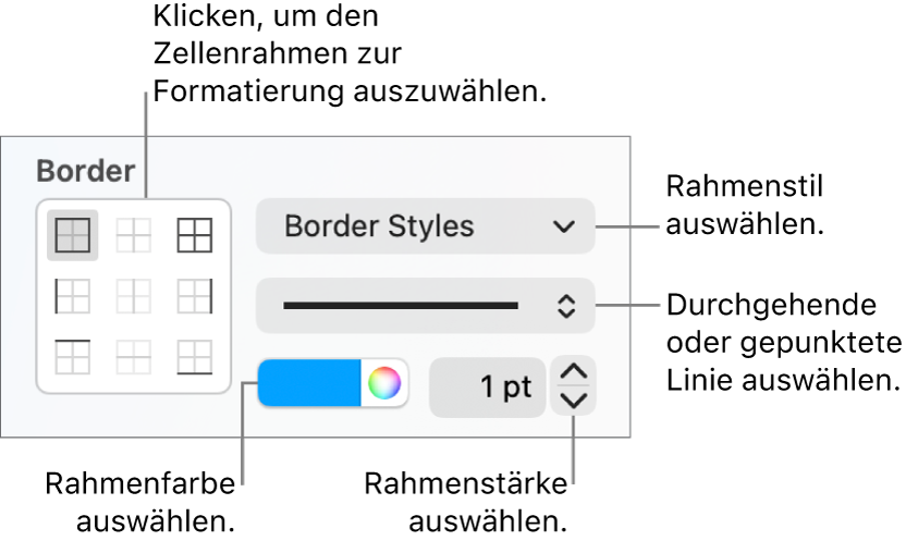 Die Steuerelemente der Seitenleiste zum Ändern des Aussehens von Zellenrahmen