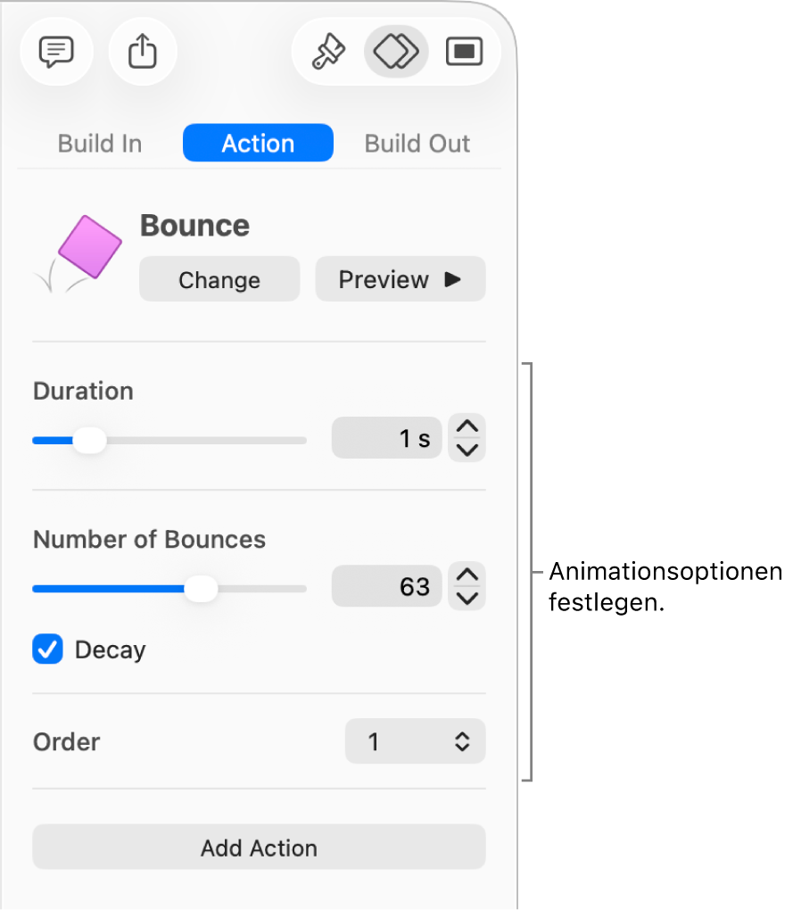 Steuerelemente für Aktionen im Bereich für Animationen in der Seitenleiste