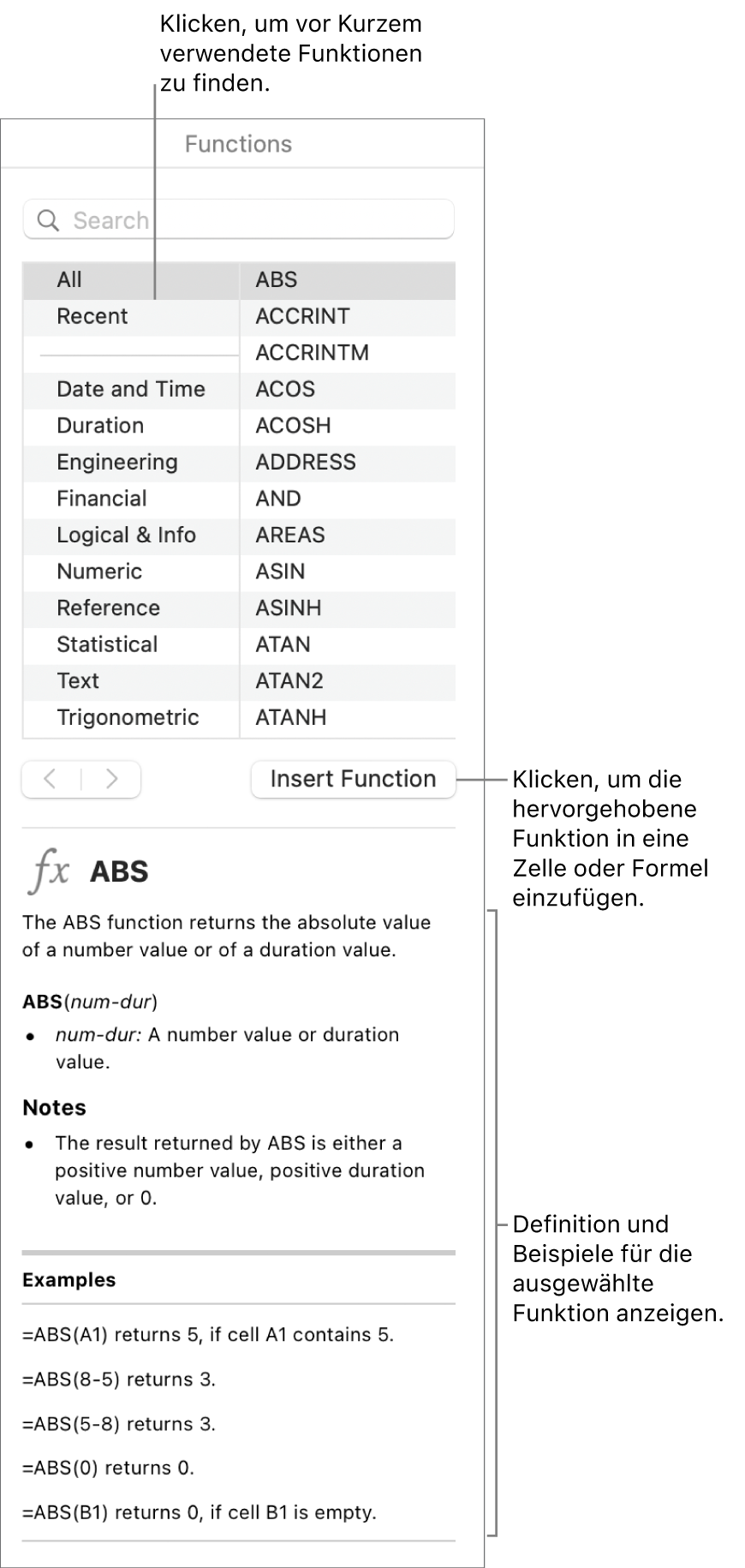 Die Funktionsübersicht mit Beschreibungen für die zuletzt verwendeten Funktionen, die Taste „Funktion einfügen“ und die Definition der Funktion