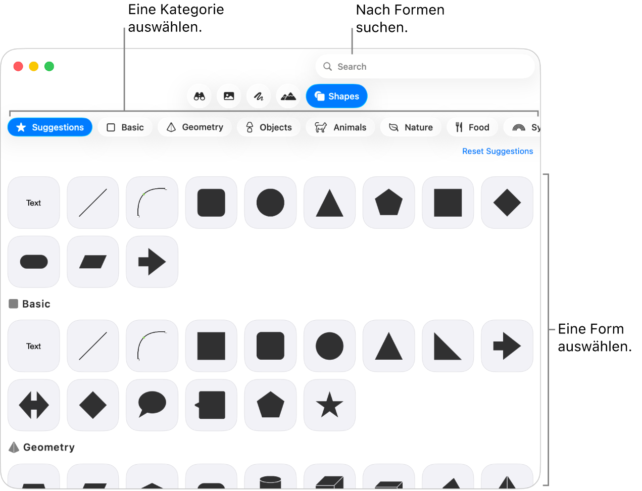 Die Formensammlung mit Kategorien auf der linken Seite und rechts angezeigten Formen Du kannst das oben angezeigte Suchfeld verwenden, um Formen zu finden. Durch Scrollen kannst du weitere Formen anzeigen.