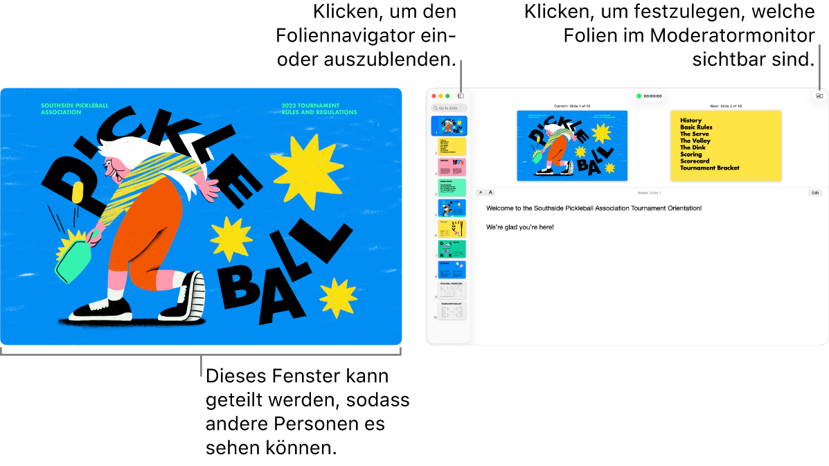 Eine Keynote-Präsentation, die in einem Fenster angezeigt wird, und in einem zweiten Fenster der Moderatormonitor mit dem Foliennavigator, den Moderatornotizen und einer Folienvorschau
