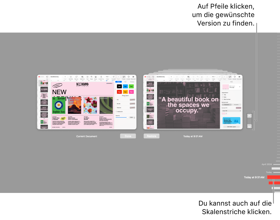 Ansicht „Zurücksetzen“ mit Markierungen und Pfeilen