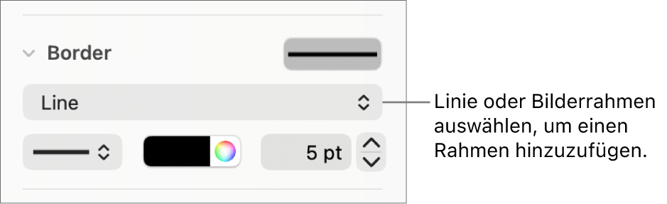 Die Steuerelemente für den Rahmenstil in der Seitenleiste „Format“ und als Rahmentyp ist „Linie“ ausgewählt