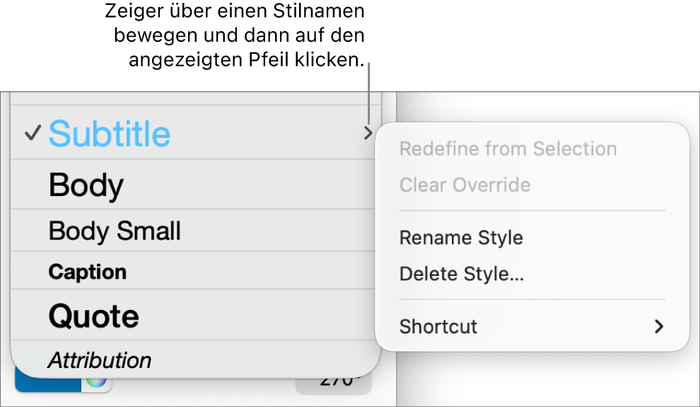 Das Menü „Absatzstile“ mit geöffnetem Kontextmenü
