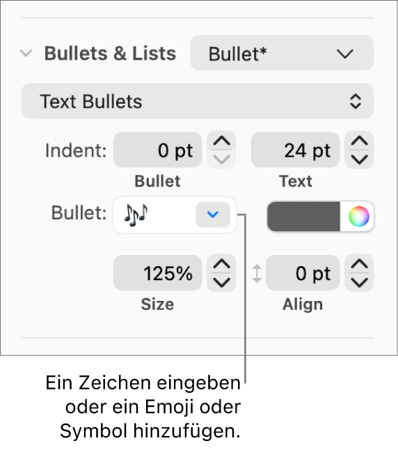 Der Abschnitt „Listen & Punkte“ in der Seitenleiste „Format“ Das Feld „Punkt“ mit einem Blumen-Emoji