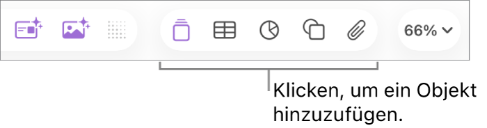 Die Keynote-Symbolleiste mit den Tasten „Tabelle“, „Diagramm“, „Text“, „Form“ und „Medien“