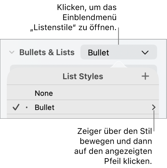 Das Einblendmenü „Listenstile“ mit einem ausgewählten Stil und einem Pfeil ganz rechts