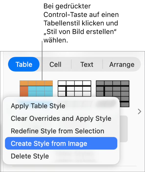 Das Kontextmenü für den Tabellenstil