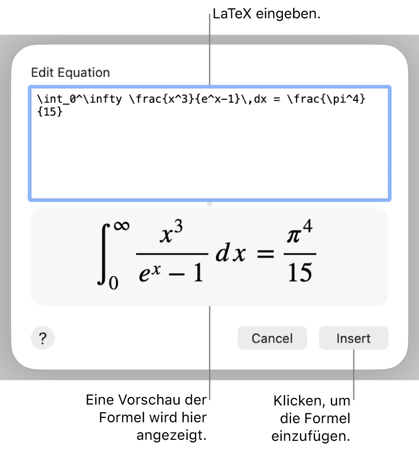 Die quadratische Formel, die mit LaTeX in das Feld „Gleichung“ geschrieben wurde, und einer Vorschau der Formel darunter.
