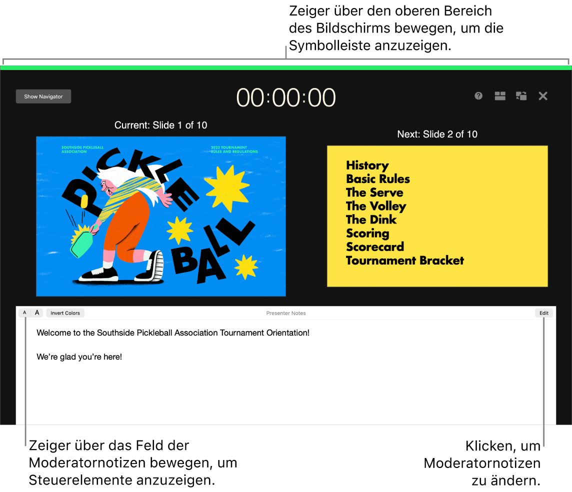 Der Keynote-Moderatormonitor zeigt oben am Bildschirm entlang Tasten zum Öffnen und Schließen des Foliennavigators sowie Anzeigeoptionen an. Die aktuelle und nächste Folie befinden sich in der Mitte des Bildschirms und das Feld für die Moderatornotizen befindet sich unten.