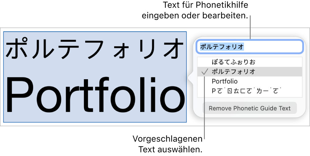 Die geöffnete Phonetikhilfe für ein Wort mit Beschreibungen für das Textfeld und einen Textvorschlag
