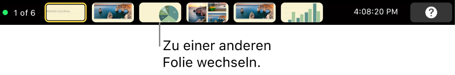 Die MacBook Pro-Touch Bar mit Steuerelementen zum Verlassen der Präsentation, zum gezielten Wechseln zu Folien und Wechseln des Moderatormonitors.