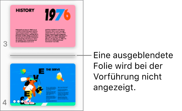 Der Foliennavigator mit einer ausgeblendeten Folie, die als horizontale Linie dargestellt wird