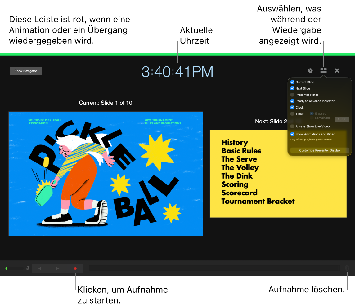 Bildschirmfoto des Sprachaufnahmemodus auf dem Moderatormonitor. Die aktuelle und die nächste Folie, die aktuelle Zeit und die Steuerelemente des Moderatormonitors sind sichtbar. Das Steuerelement zum Starten und Beenden der Aufnahme und das Steuerelement zum Löschen der Aufnahme werden unten auf dem Bildschirm angezeigt.
