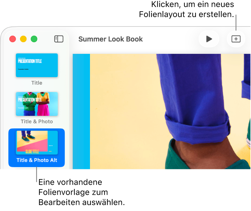 Ein Folienlayout ist im Layoutbereich zu sehen, die Taste „Folie hinzufügen“ befindet sich darüber in der Symbolleiste.