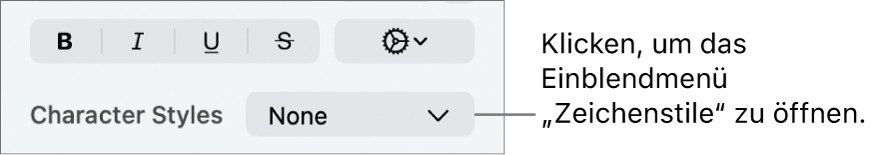 Das Einblendmenü „Zeichenstile“ unter den Steuerelementen zum Ändern des Textstils und der Farbe
