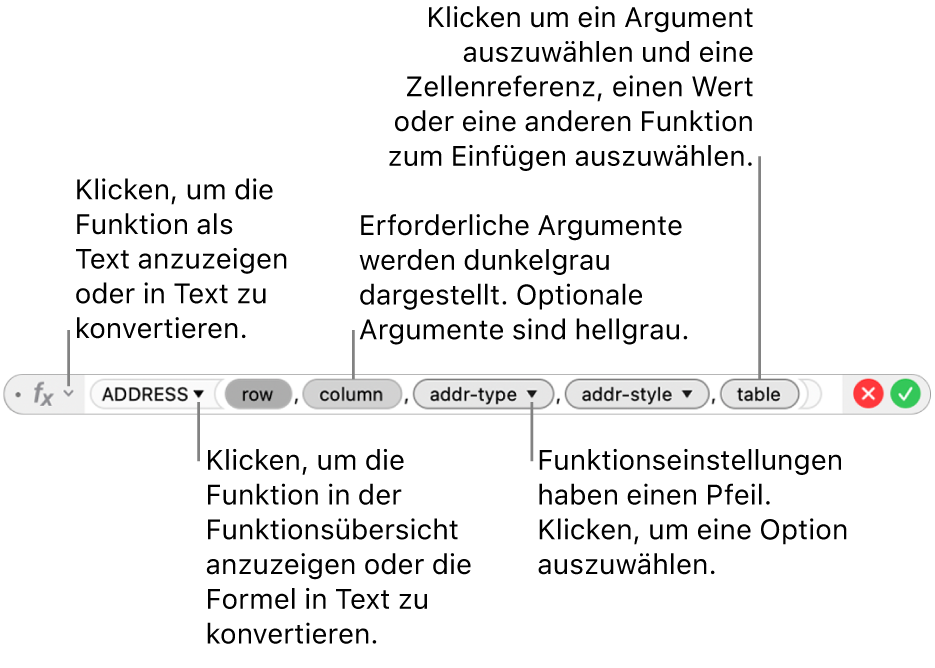 Der Formeleditor mit der Funktion ADRESSE und ihren Argument-Token