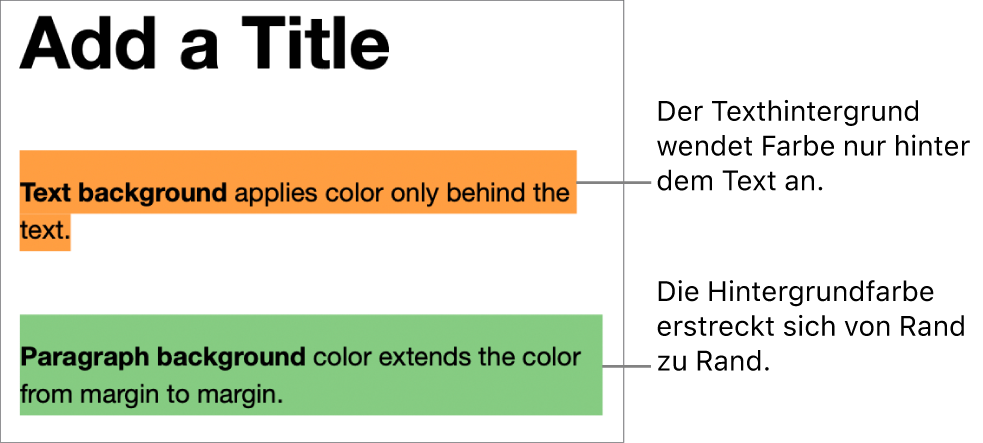 Ein Absatz, bei dem nur der Text farblich hervorgehoben ist, und ein zweiter Absatz, bei dem die farbliche Hervorhebung in einem Block von Rand zu Rand reicht.