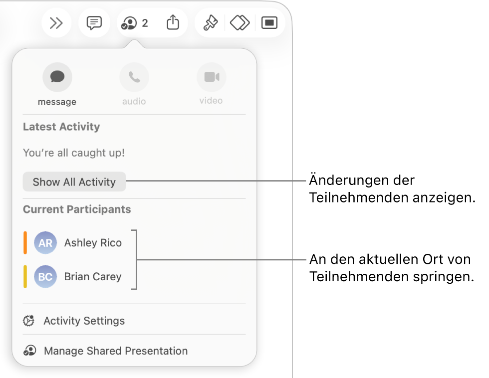 Das Menü „Zusammenarbeiten“, in dem zwei aktuelle Teilnehmer:innen aufgelistet sind.