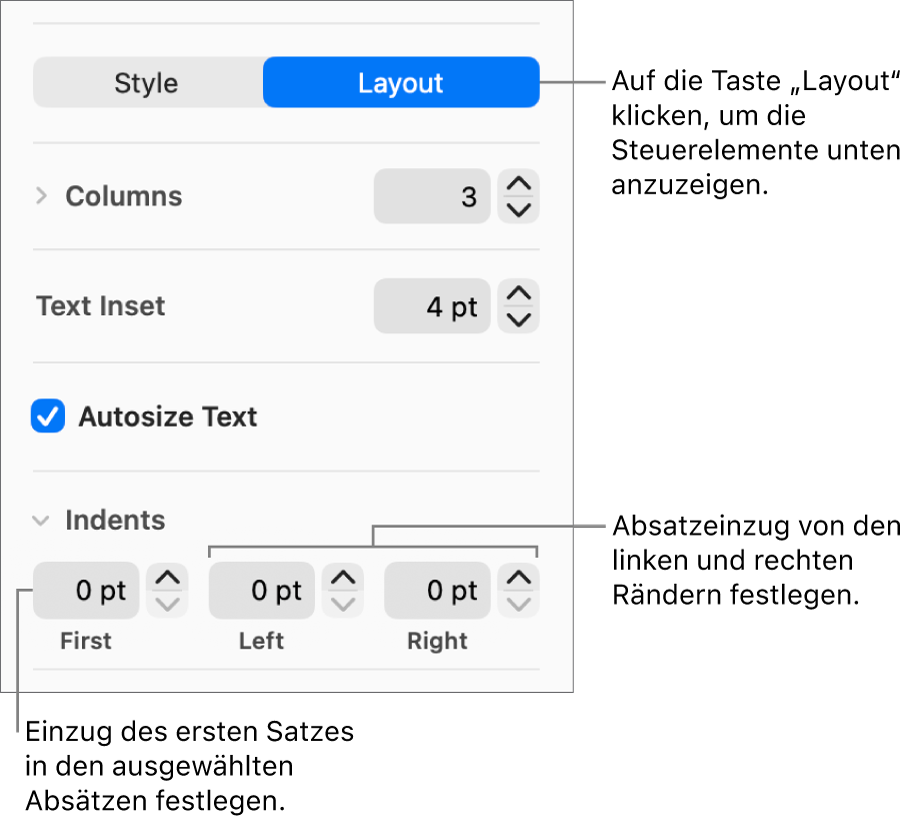 Der Abschnitt „Layout“ der Seitenleiste „Format“ mit Steuerelementen zum Festlegen des Einzugs der ersten Zeile und der Absatzränder
