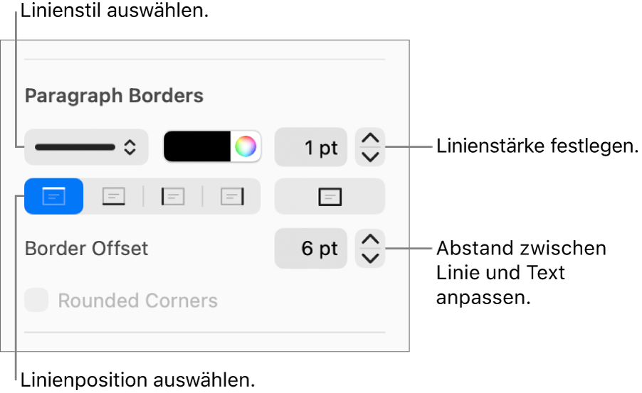 Steuerelemente, um Stil, Stärke, Position und Farbe der Linie zu ändern.