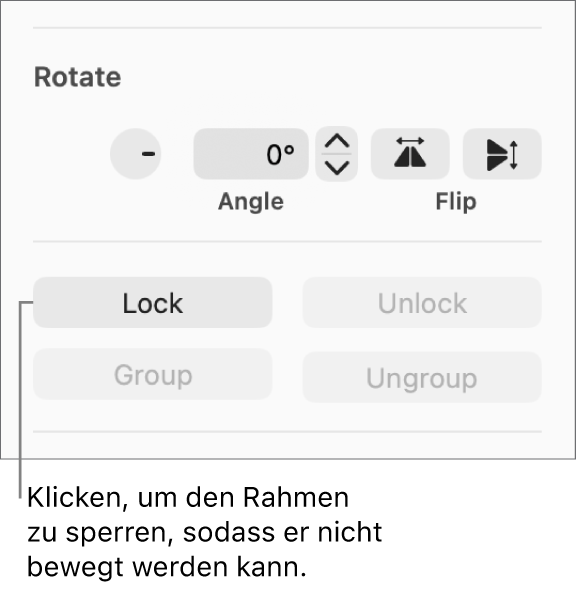 Die Objektsteuerelemente „Drehen“, „Schützen“ und „Gruppieren“ und die Taste „Schützen“ ist markiert.