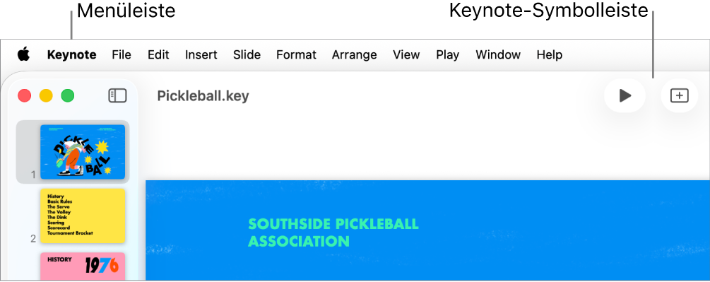 Die Menüleiste oben auf dem Bildschirm mit den Menüs „Apple“, „Keynote“, „Ablage“, „Bearbeiten“, „Einfügen“, „Format“, „Anordnen“, „Darstellung“, „Vorführen“, „Teilen“, „Fenster“ und „Hilfe“. Unter den Menüleiste befindet sich eine geöffnete Keynote-Präsentation mit den Tasten „Darstellung“, „Zoomen“, „Folie hinzufügen“, „Vorführen“, „Tabelle“, „Diagramm“, „Text“, „Form“ und „Medien“ in der Symbolleiste.