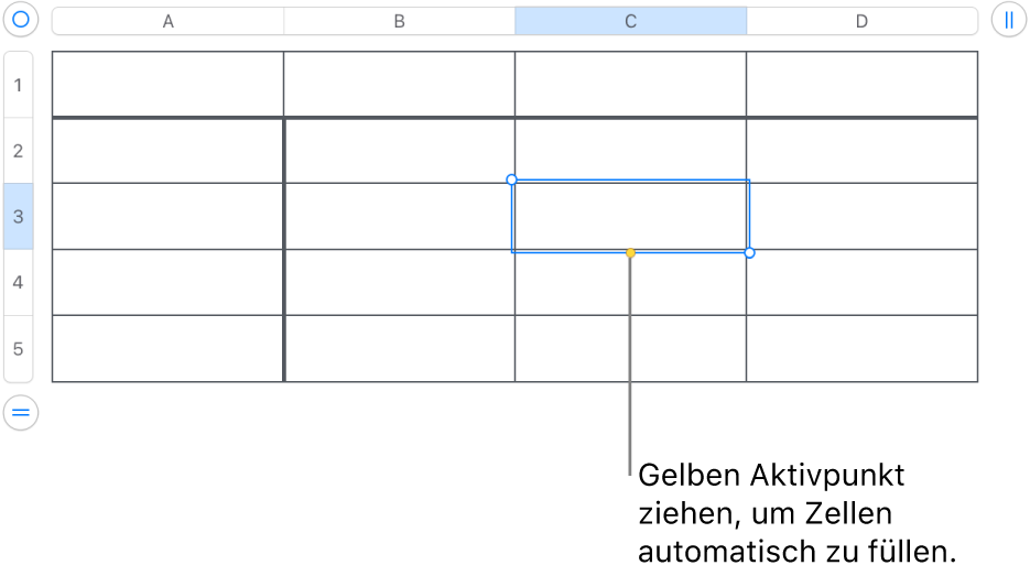 Eine ausgewählte Zelle mit einem gelben Aktivpunkt, den du zum automatischen Ausfüllen der Zellen ziehen kannst.