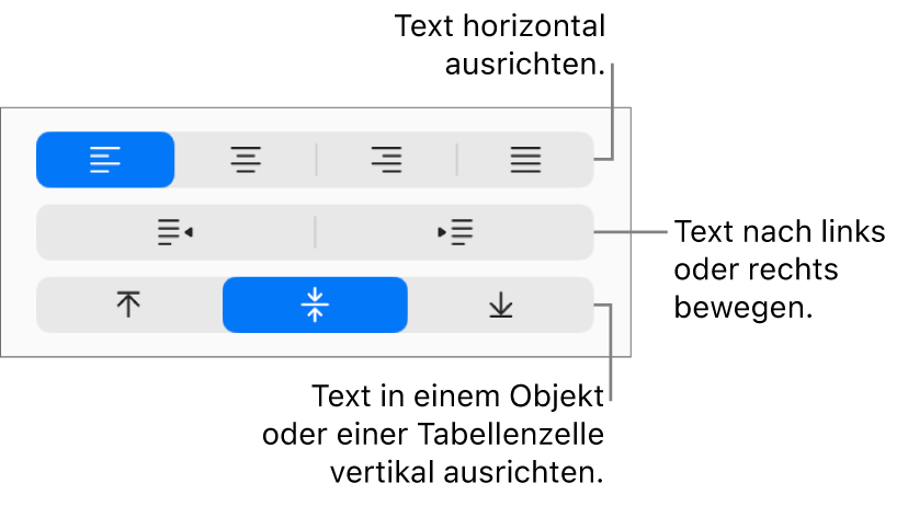 Der Abschnitt „Ausrichtung“ der Seitenleiste mit Tasten zur horizontalen Ausrichtung von Text, zum Bewegen von Text nach links oder rechts und zur vertikalen Ausrichtung von Text