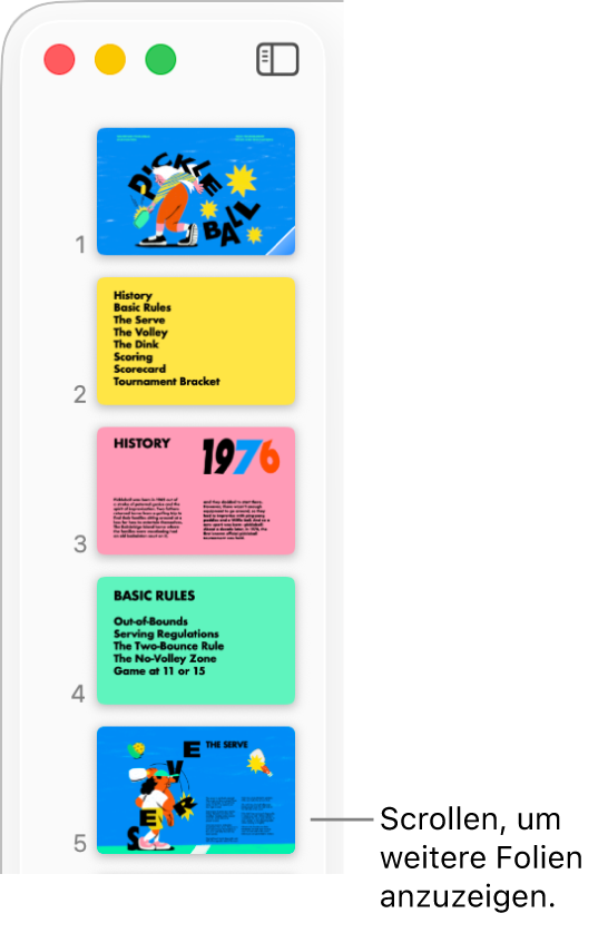 Foliennavigator mit fünf aufeinanderfolgenden Folien in vertikaler Darstellung und der Option nach unten zu scrollen, um weitere Folien anzuzeigen.