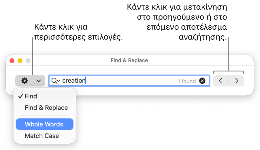 Το παράθυρο «Εύρεση και αντικατάσταση» με το αναδυόμενο μενού που εμφανίζει επιλογές για «Εύρεση», «Εύρεση και αντικατάσταση», «Ολόκληρες λέξεις» και «Ταίριασμα πεζών/κεφαλαίων». Τα βέλη στα δεξιά σάς δίνουν τη δυνατότητα μεταπήδησης στα προηγούμενα ή στα επόμενα αποτελέσματα αναζήτησης.
