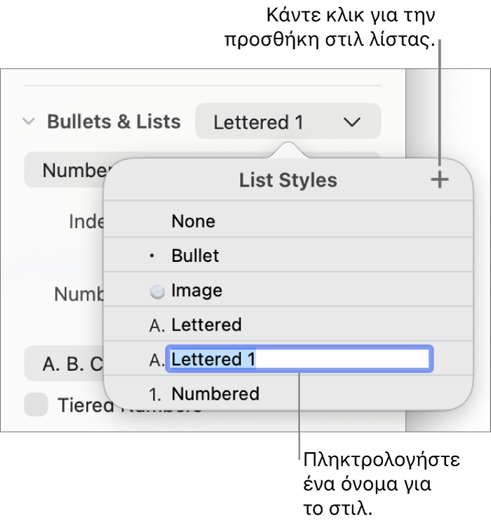 Το αναδυόμενο μενού «Στιλ λίστας» με ένα κουμπί προσθήκης στην πάνω δεξιά γωνία και ένα δεσμευτικό θέσης ονόματος στιλ με επιλεγμένο το κείμενό του.