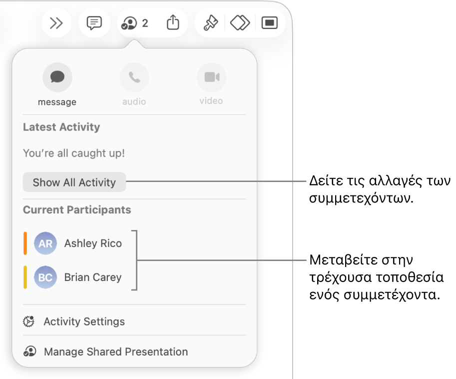 Το μενού συνεργασίας με δύο τρέχοντες συμμετέχοντες.
