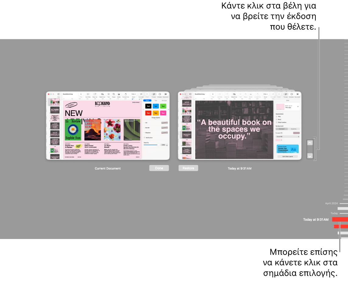 Προβολή επιστροφής που εμφανίζει σημάδια υποδιαίρεσης και βέλη.