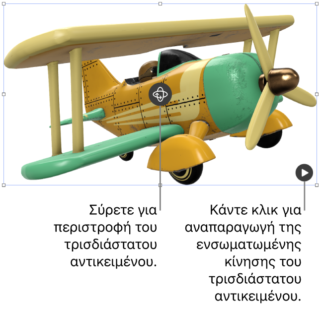 Ένα τρισδιάστατο αντικείμενο με το κουμπί «Περιστροφή» στη μέση του αντικειμένου, και το κουμπί «Αναπαραγωγή» στην κάτω δεξιά γωνία.