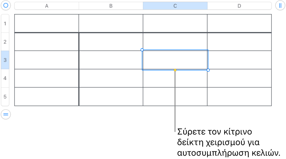 Ένα επιλεγμένο κελί με μια κίτρινη λαβή που μπορείτε να σύρετε για αυτοσυμπλήρωση κελιών.