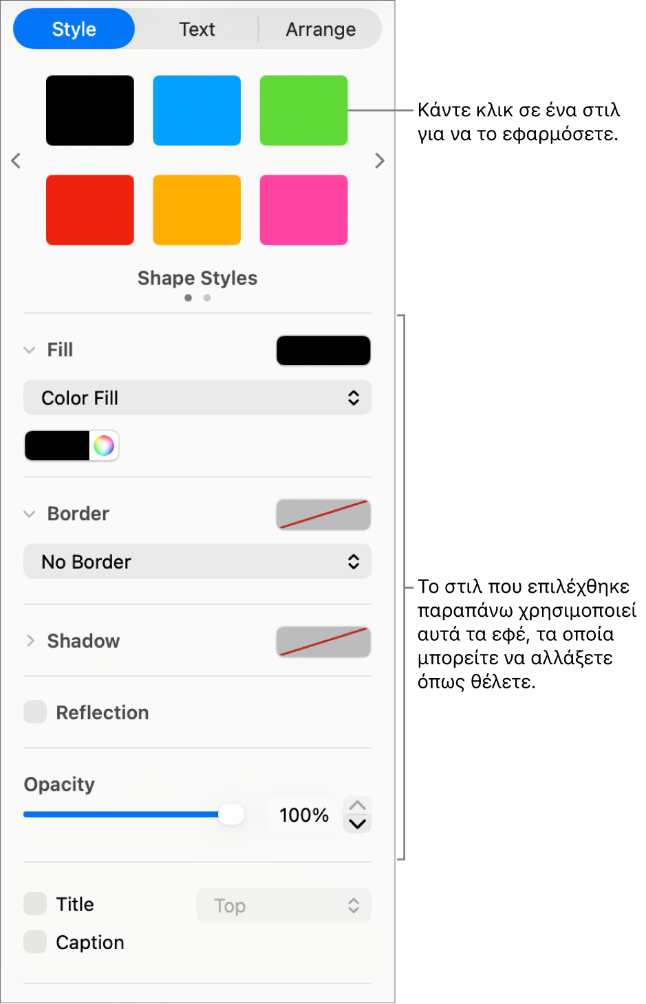 Επιλογές και στιλ σχημάτων στην ενότητα «Μορφή» της πλαϊνής στήλης.